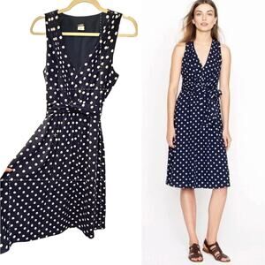 J Crew 6 Elinor Polka Dot Linen Dress $148 Sleeveless Fit&Flare Navy Blue White